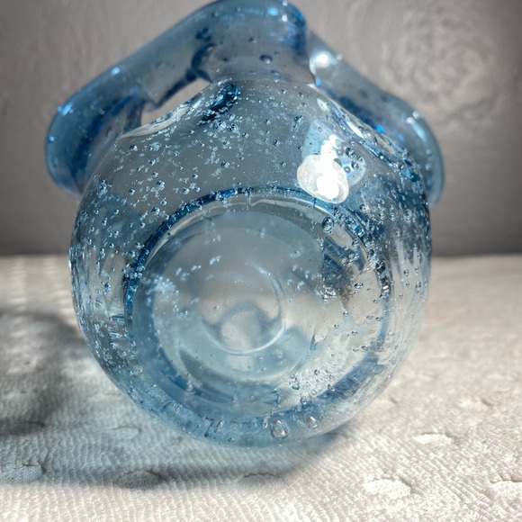 Vintage Blue Hand Blown Stretch Bubble Candle Art Glass Design Holder - Picture 5 of 11